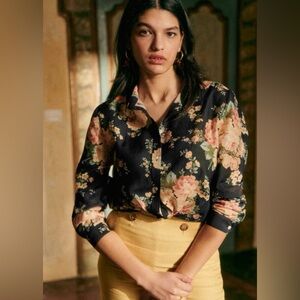 Sézane Pierro Silk Blouse – Black Floral Button Down (Sz 34)